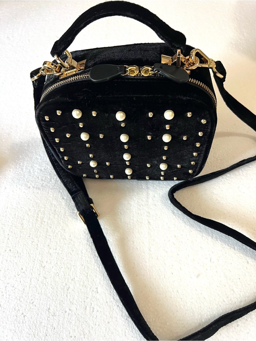 Black Velvet Mini Crossbody with Pearl & Gold Studs